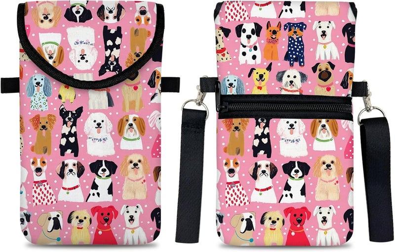 otilil Neoprene Cell Phone Sleeve Pouch Case Bag with Crossbody Strap Neck Lanyard for Women 7.5 X 4.3 in Pink Dog - Image 1